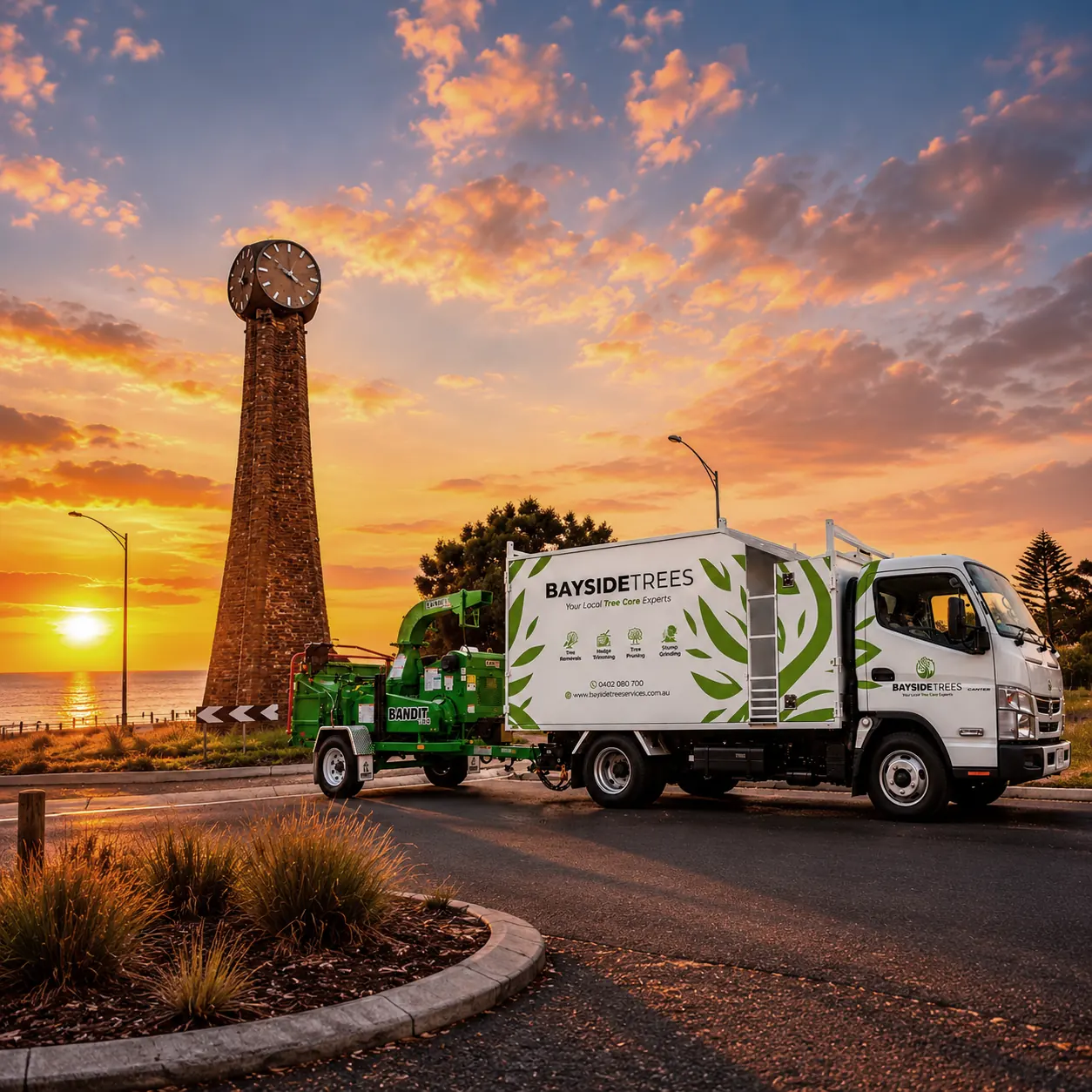 Bayside Trees branded truck and wood chipper at the Black Rock clock tower at sunset